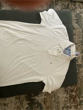 Men's White Short-Sleeve Polo with Patterned Collar Accent
